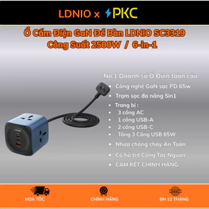 Sạc Để Bàn LDNIO SC3319 Công Suất 2500W - 3 Ổ Cắm AC & 3 Cổng USB Sạc Nhanh