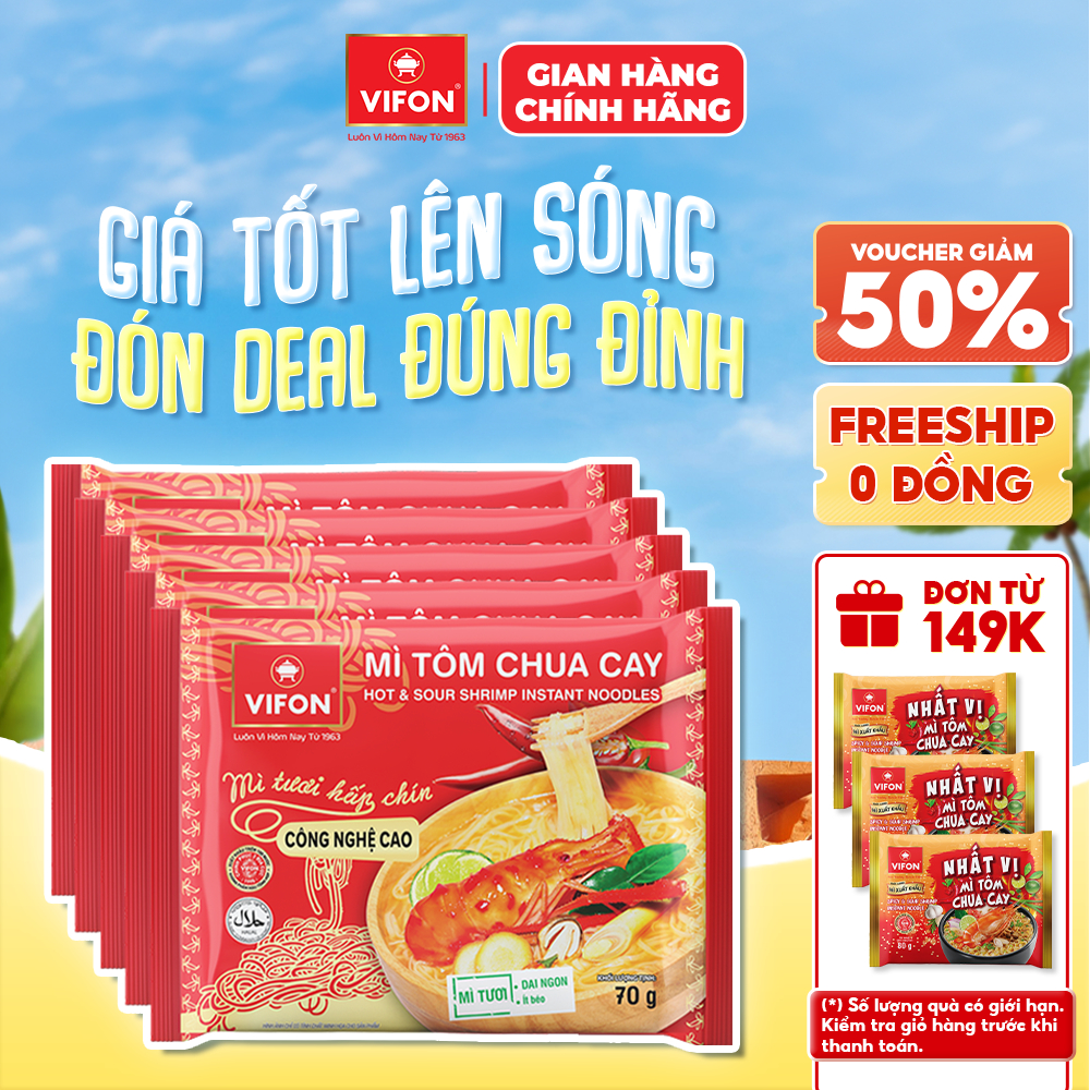 [Hỏa Tốc + Voucher 15%] Set 5 Gói Mì Tươi Bò Xốt Vang/Thịt Bằm/Tôm Chua Cay VIFON - Sợi Dai Ngon, 70g/Gói