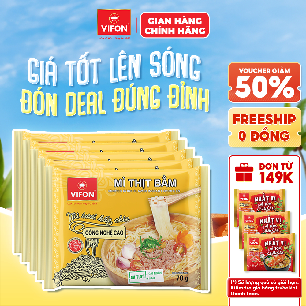 [Hỏa Tốc + Voucher 15%] Set 5 Gói Mì Tươi Bò Xốt Vang/Thịt Bằm/Tôm Chua Cay VIFON - Sợi Dai Ngon, 70g/Gói