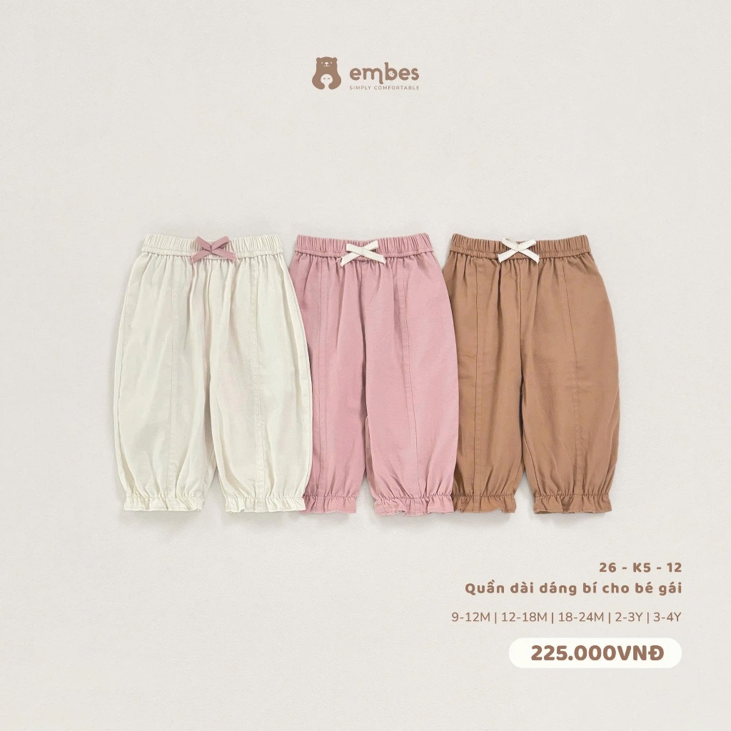Quần Dài Bé Gái Embes, Quần Dài Dáng Bí Phối Họa Tiết Nơ Chất Cotton Đũi Cho Bé Gái Size Từ 8-18kg