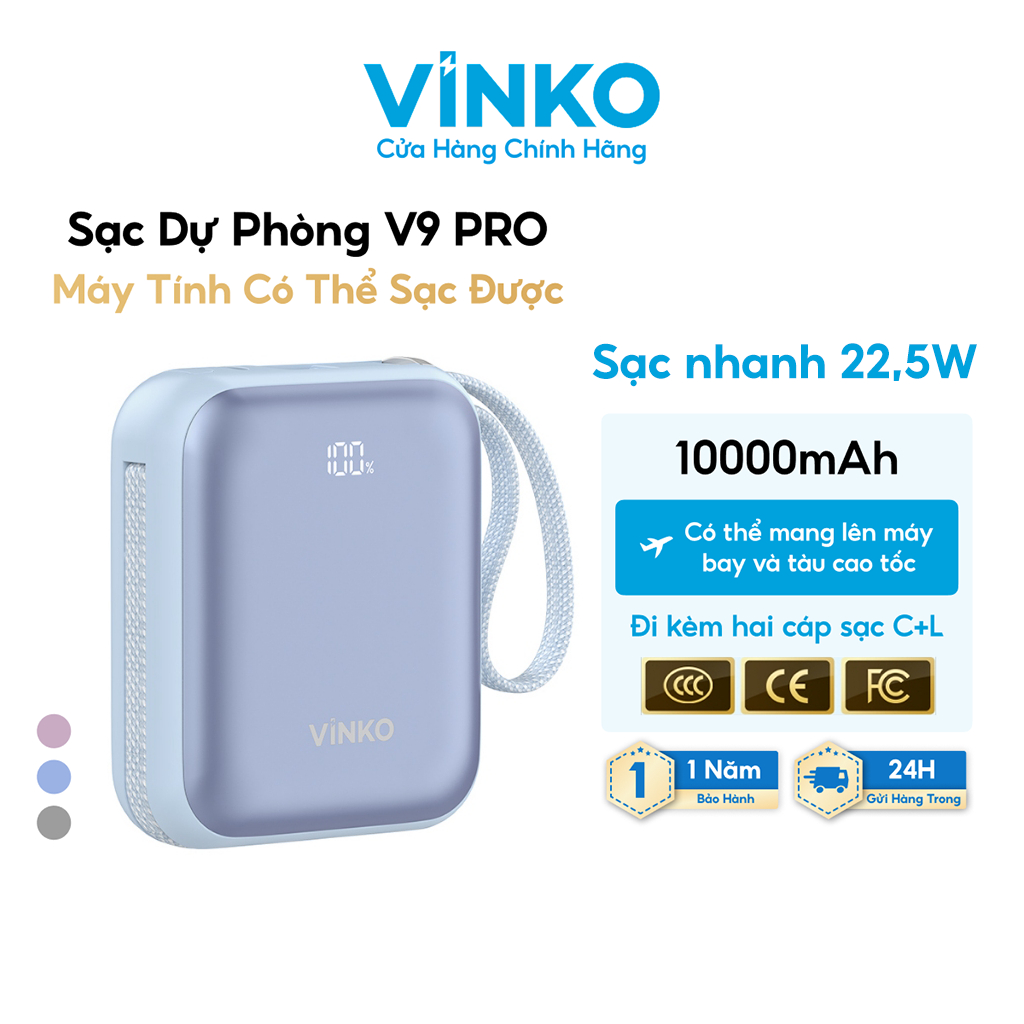 Sạc dự phòng VINKO V9 PRO chứng nhận 3C, 10000mAh 22.5W, tích hợp dây cáp sạc Type-C & Lightning for iPhone Samsung