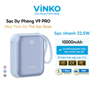 Sạc dự phòng VINKO V9 PRO chứng nhận 3C, 10000mAh 22.5W, tích hợp dây cáp sạc Type-C & Lightning for iPhone Samsung
