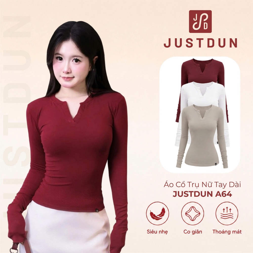 Áo Cổ Trụ Nữ Tay Dài JUSTDUN A64 - Vải Cotton Cao Cấp Mềm Mịn, Co Giãn Thoải Mái, Tôn Dáng