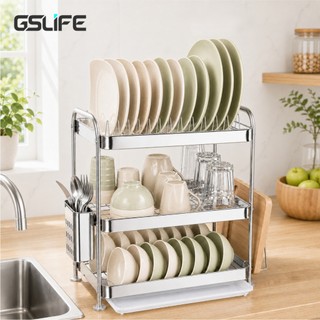 Gslife Kệ úp chén bát inox 2/3 tầng có ống đũa và giá thớt, kệ ráo nước để bàn bếp