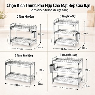 Gslife Kệ úp chén bát inox 2/3 tầng có ống đũa và giá thớt, kệ ráo nước để bàn bếp