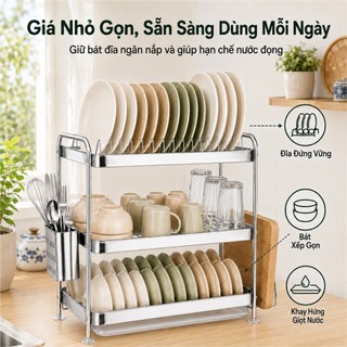 Gslife Kệ úp chén bát inox 2/3 tầng có ống đũa và giá thớt, kệ ráo nước để bàn bếp