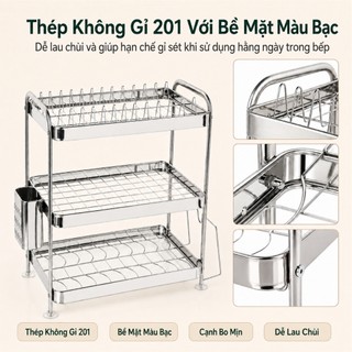 Gslife Kệ úp chén bát inox 2/3 tầng có ống đũa và giá thớt, kệ ráo nước để bàn bếp