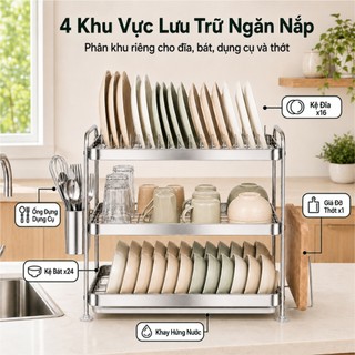 Gslife Kệ úp chén bát inox 2/3 tầng có ống đũa và giá thớt, kệ ráo nước để bàn bếp