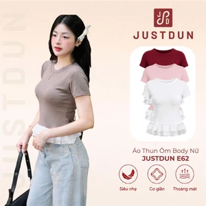 Áo Thun Ôm Body Nữ JUSTDUN E62 - Phối Vạt Bèo, Vải Cotton Mịn Êm Ái, Co Giãn Thoải Mái, Tôn Dáng