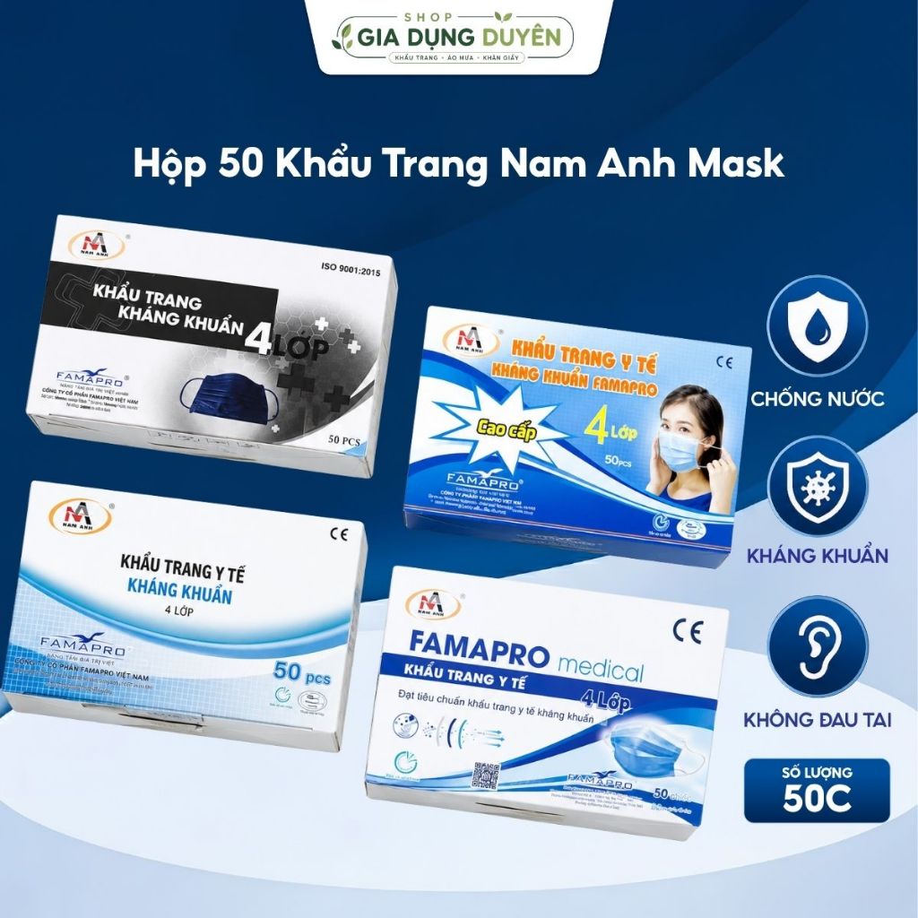 [COMBO 5 HỘP] Hộp 50 Khẩu Trang Nam Anh Mask, Chất Liệu Êm, Dễ Chịu