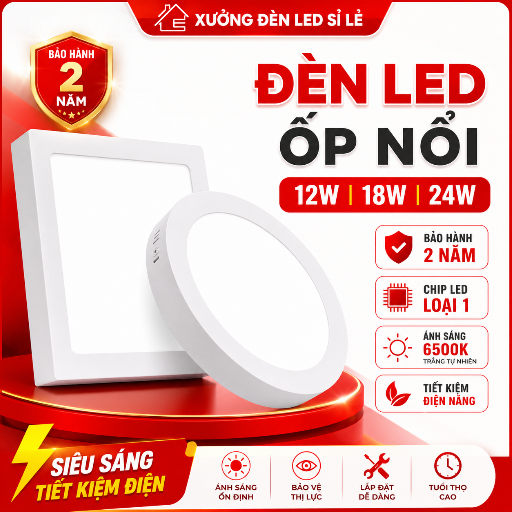 Đèn Ốp Trần Nổi Vuông Tròn 12W/18W/24W Ánh Sáng Trắng Đế Nhôm Tản Nhiệt Sáng Mạnh Cho Cả Phòng