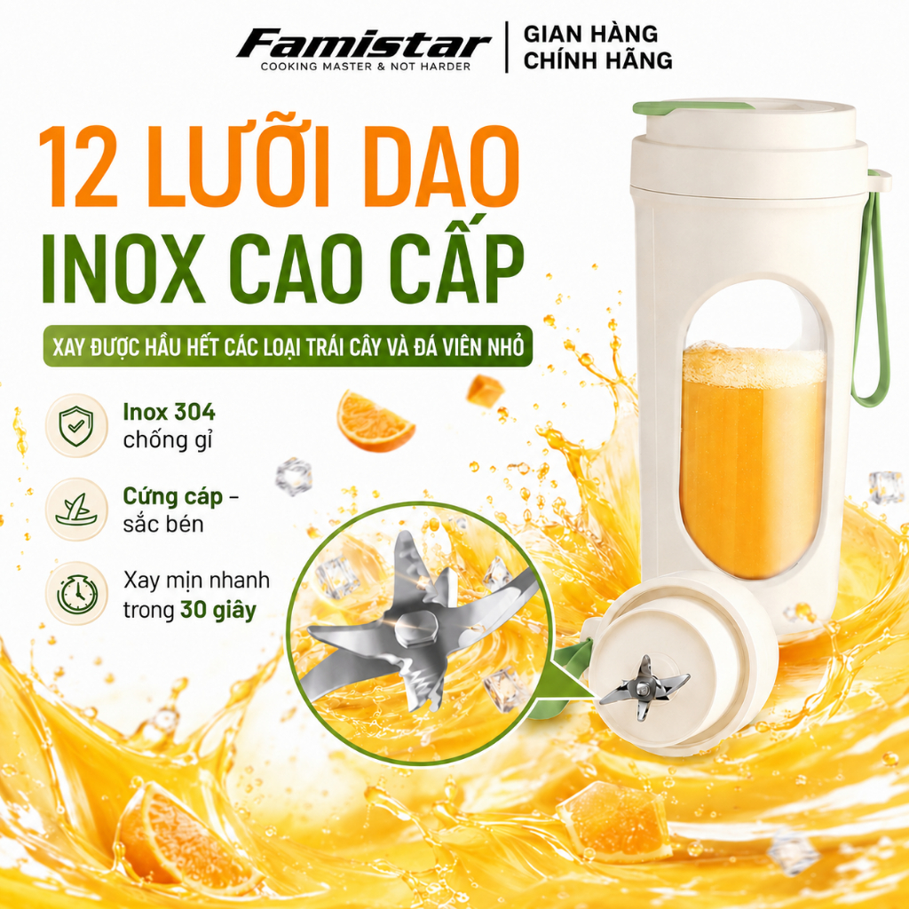 Máy xay sinh tố cầm tay 40W 12 lưỡi dao inox FAMISTAR, máy xay sinh tố 450ml, xay đá XST