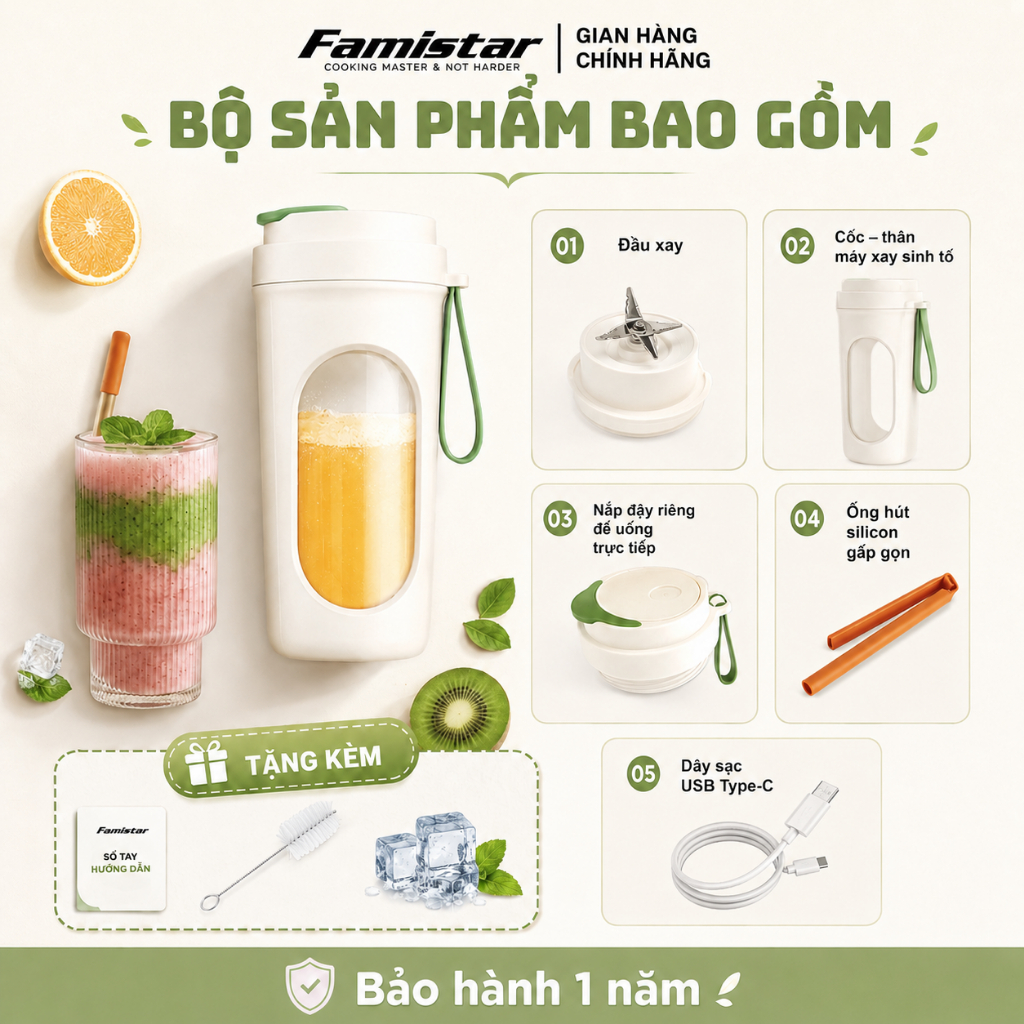 Máy xay sinh tố cầm tay 40W 12 lưỡi dao inox FAMISTAR, máy xay sinh tố 450ml, xay đá XST