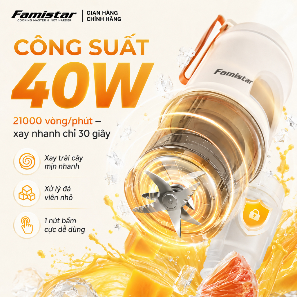Máy xay sinh tố cầm tay 40W 12 lưỡi dao inox FAMISTAR, máy xay sinh tố 450ml, xay đá XST