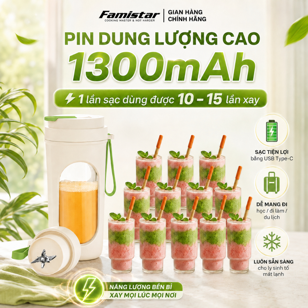 Máy xay sinh tố cầm tay 40W 12 lưỡi dao inox FAMISTAR, máy xay sinh tố 450ml, xay đá XST