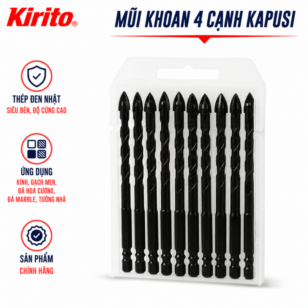Mũi Khoan 4 Cạnh Kapusi Nhật Bản Chuôi Lục Giác 6-8-10-12mm Khoan Kính, Gạch Men, Đá Hoa Cương