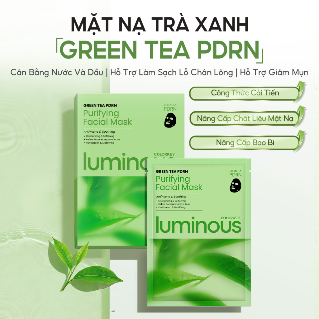1 Hộp 10 Miếng Mặt nạ giấy trà xanh BHA| COLORKEY LUMINOUS| Hỗ Trợ Giảm Mụn, Giảm Sưng Đỏ (25ml x 10 Miếng)