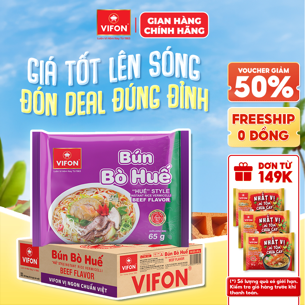 [VOUCHER HOT 10%] Thùng 30 Gói Bún Bò Huế VIFON 65g Sợi Bún Gạo Dai Mềm Nước Dùng Đậm Đà Chuẩn Vị Cố Đô