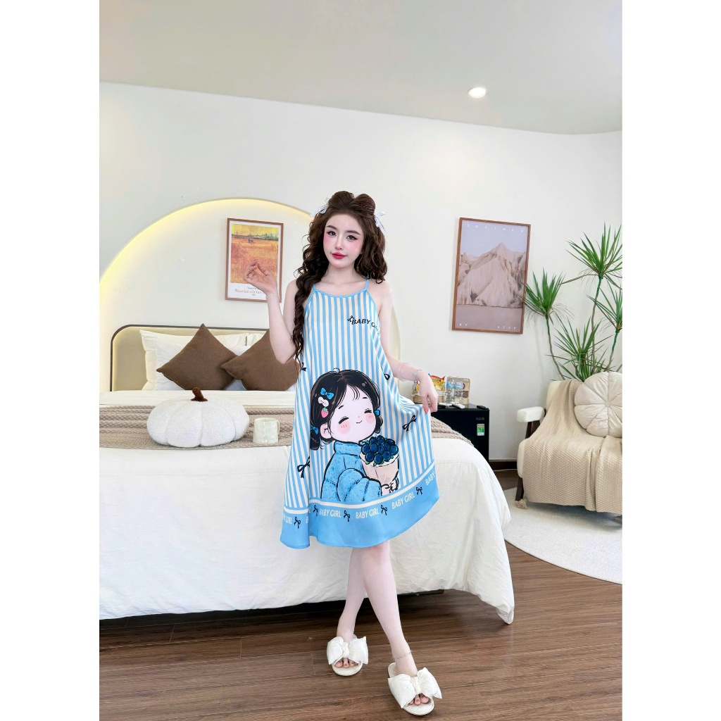 Đầm ngủ nữ hai dây Vy Linh chất liệu lụa latin họa tiết in 3D xinh xắn thoáng mát, mềm mại S1315
