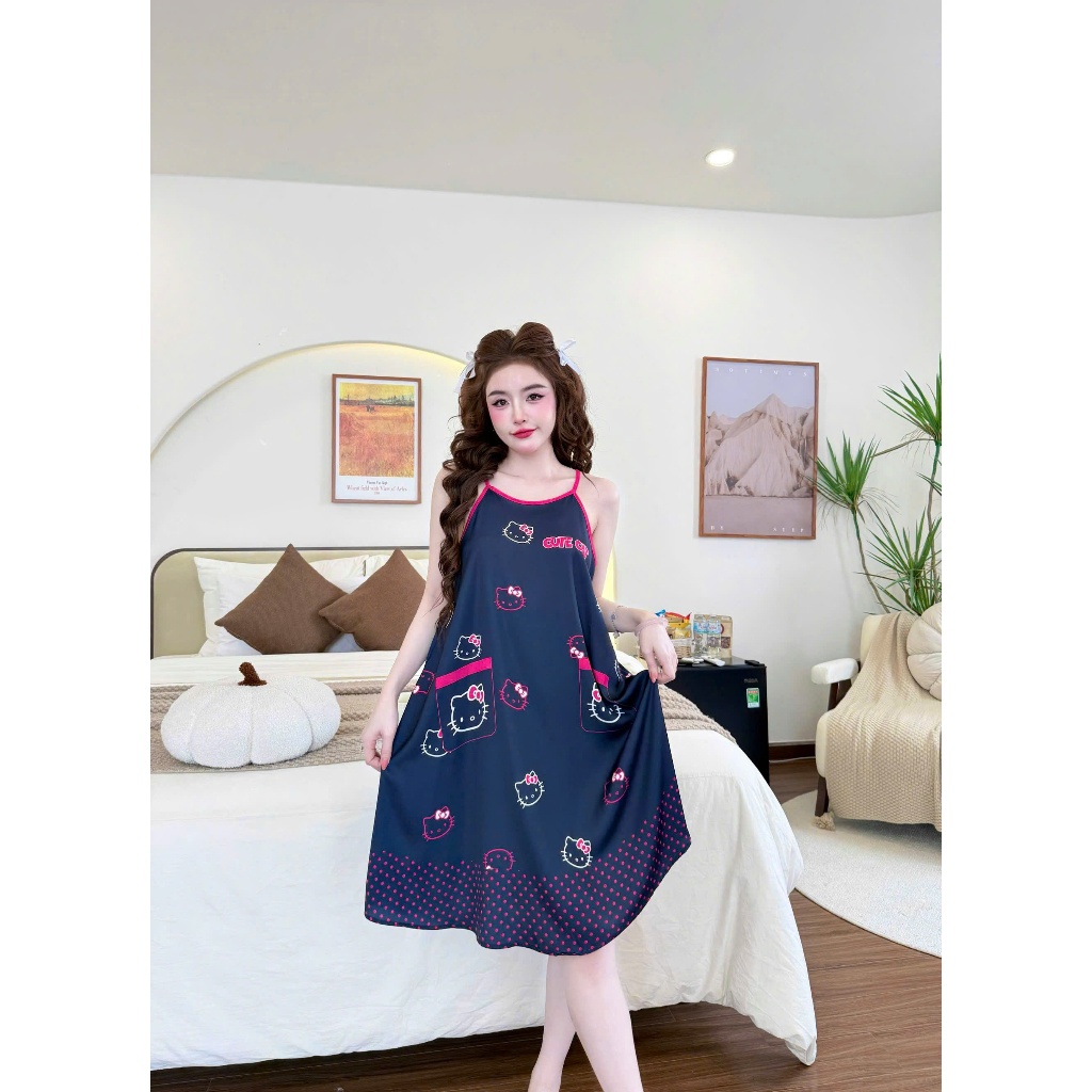Đầm ngủ nữ hai dây Vy Linh chất liệu lụa latin họa tiết in 3D xinh xắn thoáng mát, mềm mại S1315