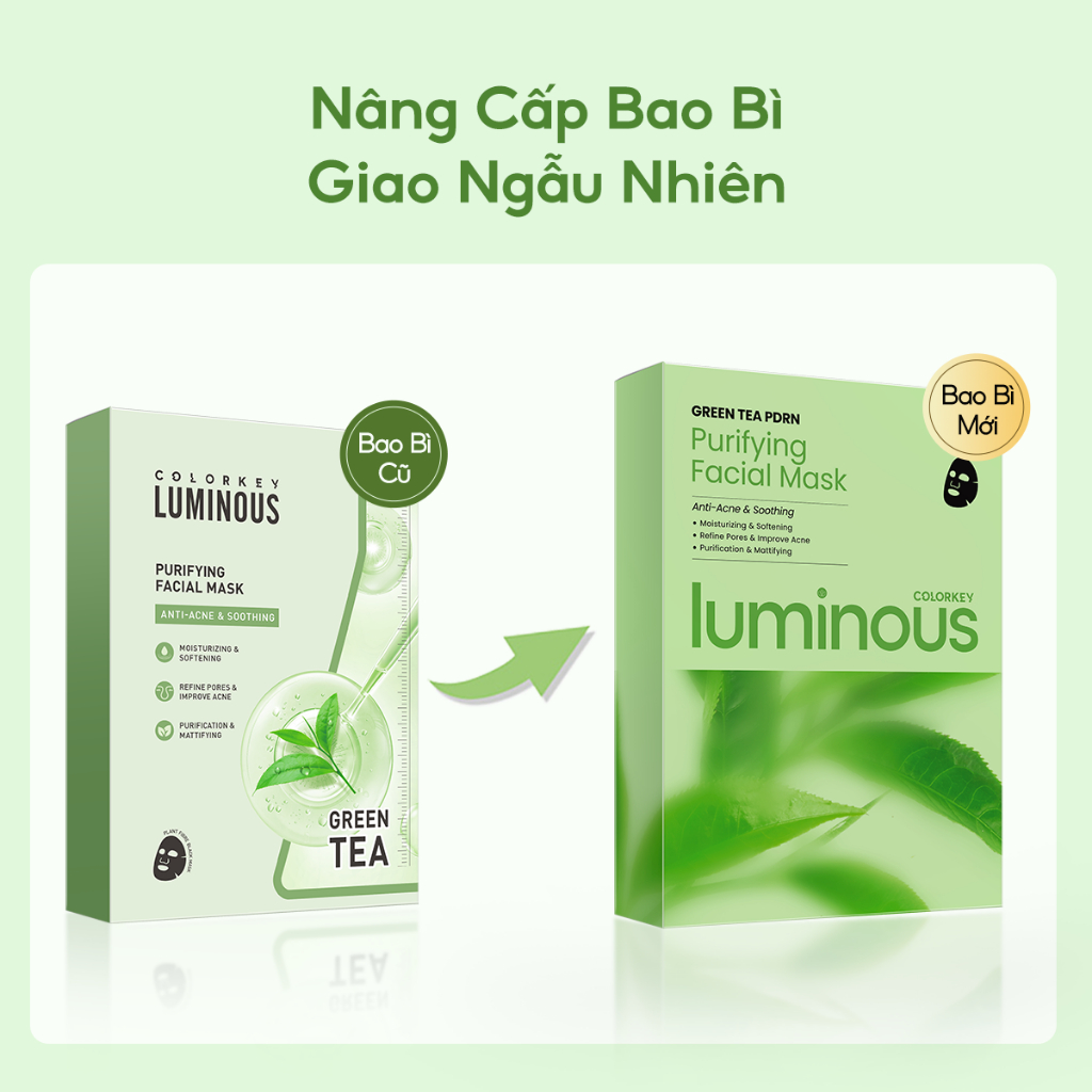 1 Hộp 10 Miếng Mặt nạ giấy trà xanh BHA| COLORKEY LUMINOUS| Hỗ Trợ Giảm Mụn, Giảm Sưng Đỏ (25ml x 10 Miếng)