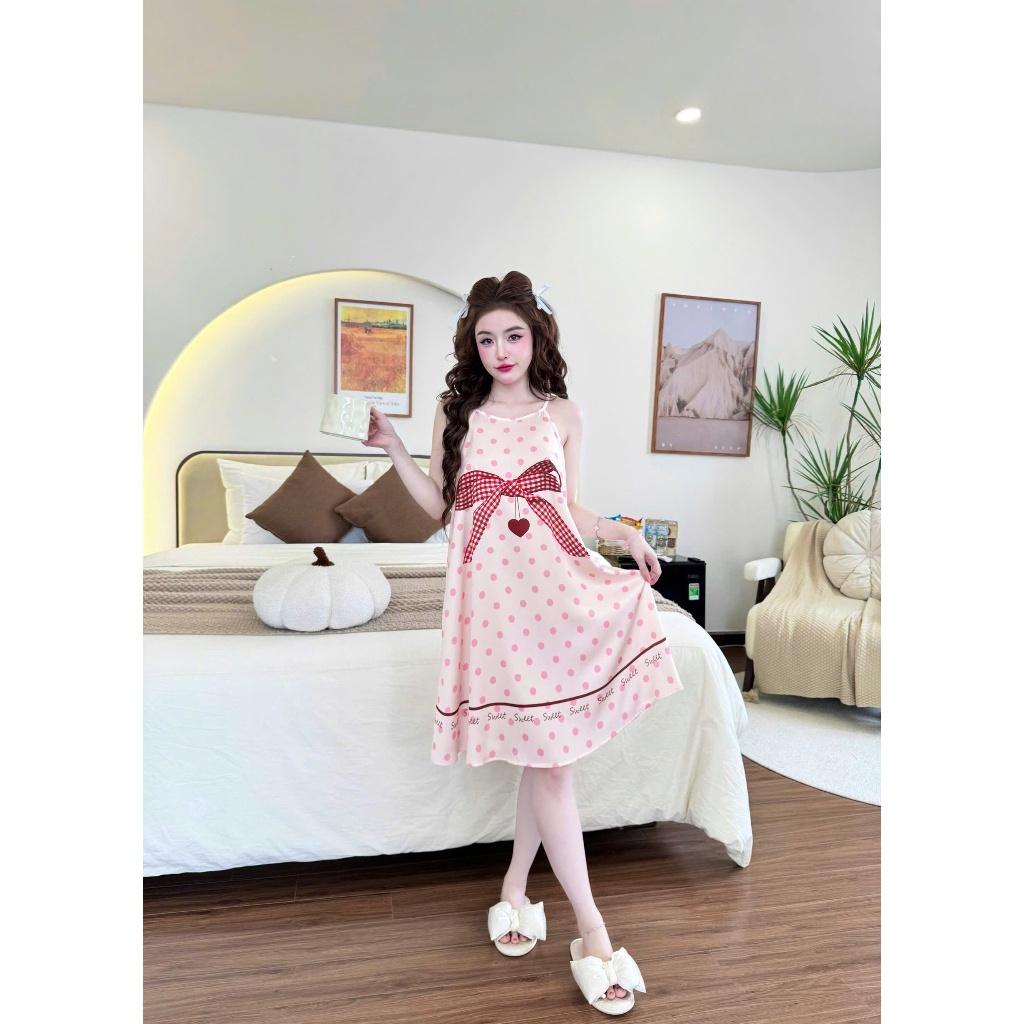 Đầm ngủ nữ hai dây Vy Linh chất liệu lụa latin họa tiết in 3D xinh xắn thoáng mát, mềm mại S1315