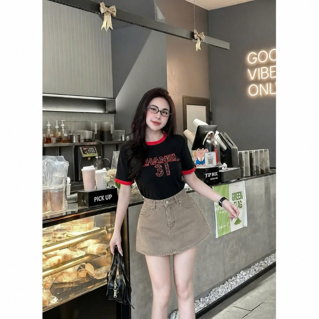 Chân Váy Jean Ngắn  (VẢI MỀM ĐẸP) tone Be Vintage Mix Đồ Xinh #8622 Chezi house - Nữ