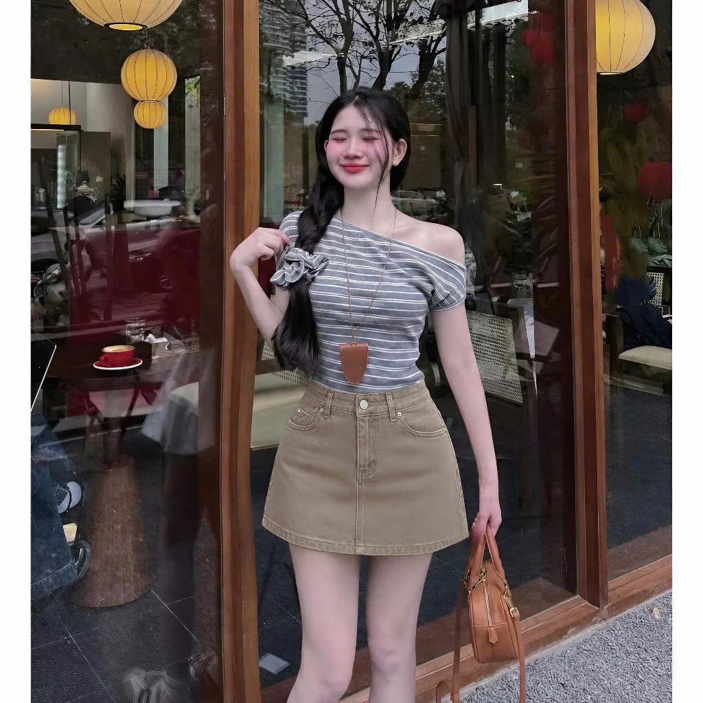 Chân Váy Jean Ngắn  (VẢI MỀM ĐẸP) tone Be Vintage Mix Đồ Xinh #8622 Chezi house - Nữ