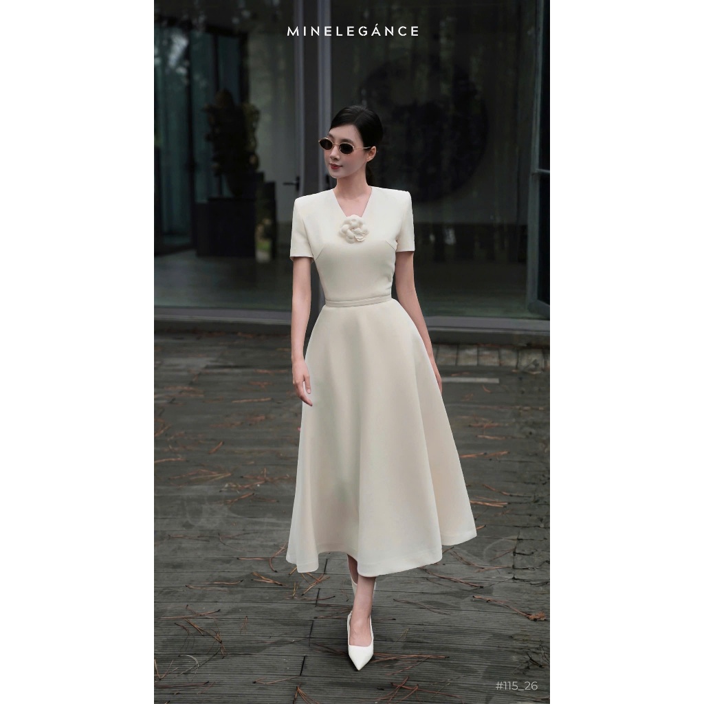 MINELEGÁNCE | VÁY XÒE CỔ V DÁNG DÀI THANH LỊCH, CÔNG SỞ - MIN115