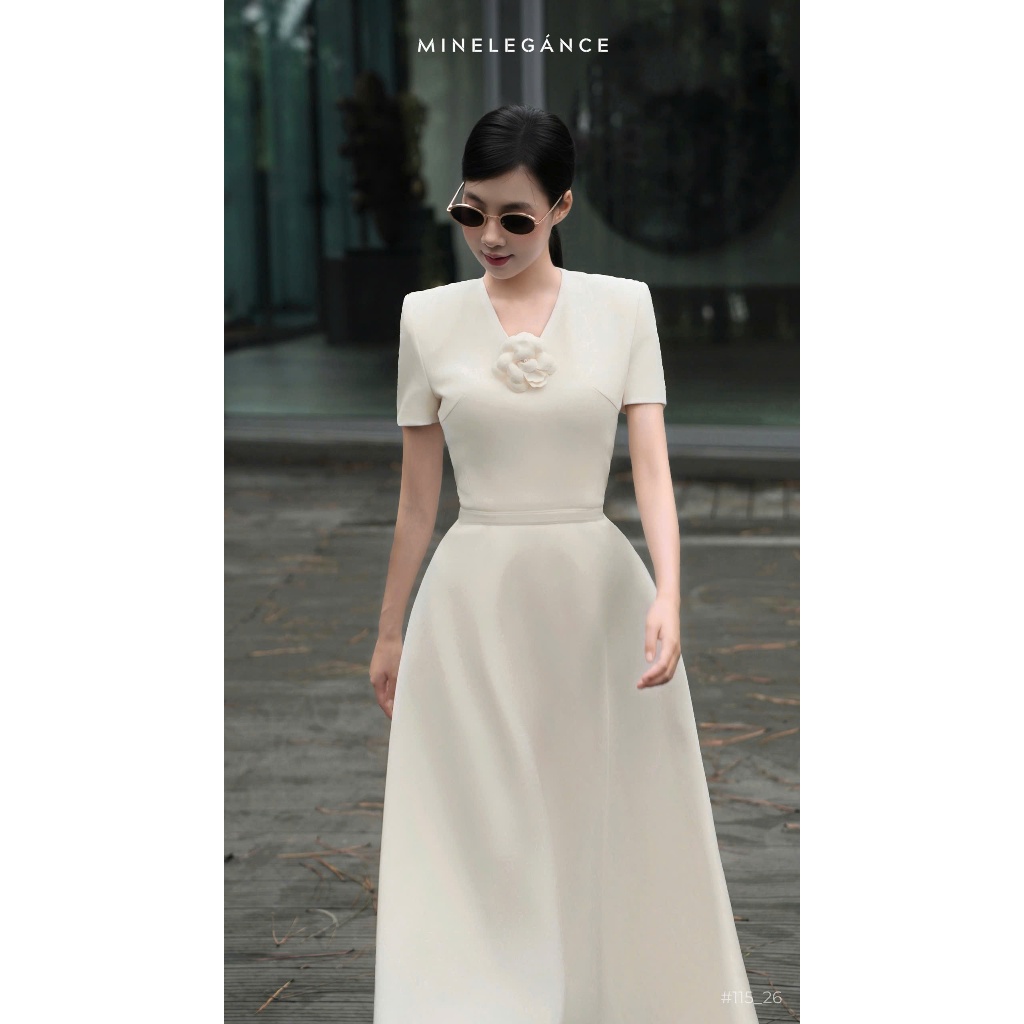 MINELEGÁNCE | VÁY XÒE CỔ V DÁNG DÀI THANH LỊCH, CÔNG SỞ - MIN115