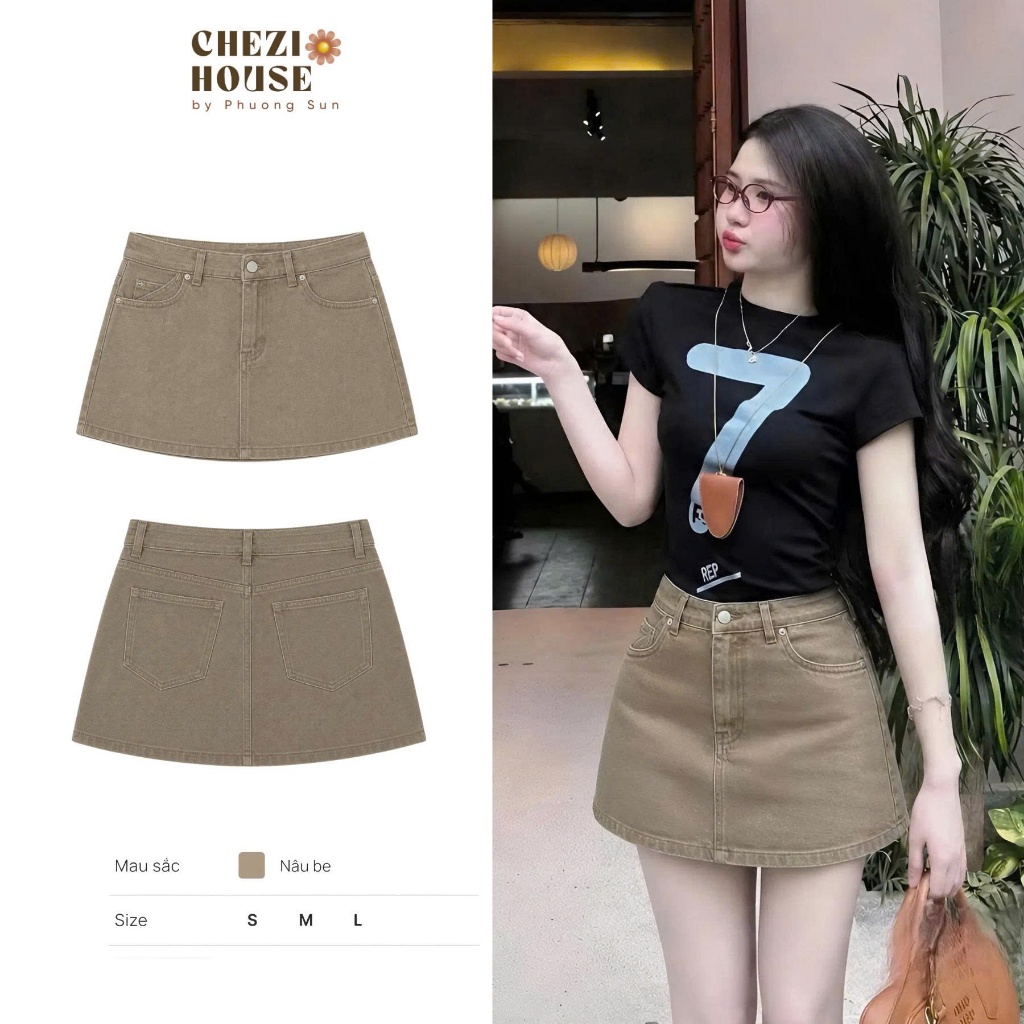 Chân Váy Jean Ngắn  (VẢI MỀM ĐẸP) tone Be Vintage Mix Đồ Xinh #8622 Chezi house - Nữ