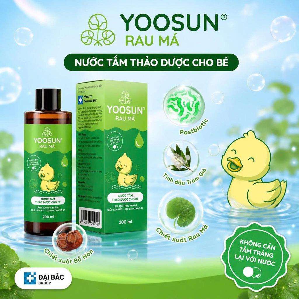 Nước Tắm Gội Thảo Dược Yoosun Rau Má - Làm Sạch Dịu Nhẹ, Hỗ Trợ Chăm Sóc Da, Ngừa Rôm Sẩy, An Toàn Cho Bé