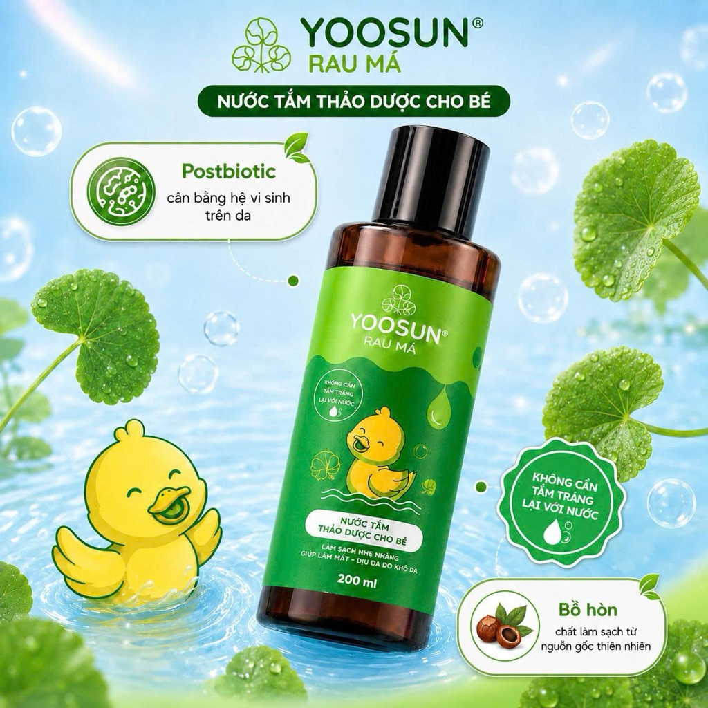Nước Tắm Gội Thảo Dược Yoosun Rau Má - Làm Sạch Dịu Nhẹ, Hỗ Trợ Chăm Sóc Da, Ngừa Rôm Sẩy, An Toàn Cho Bé
