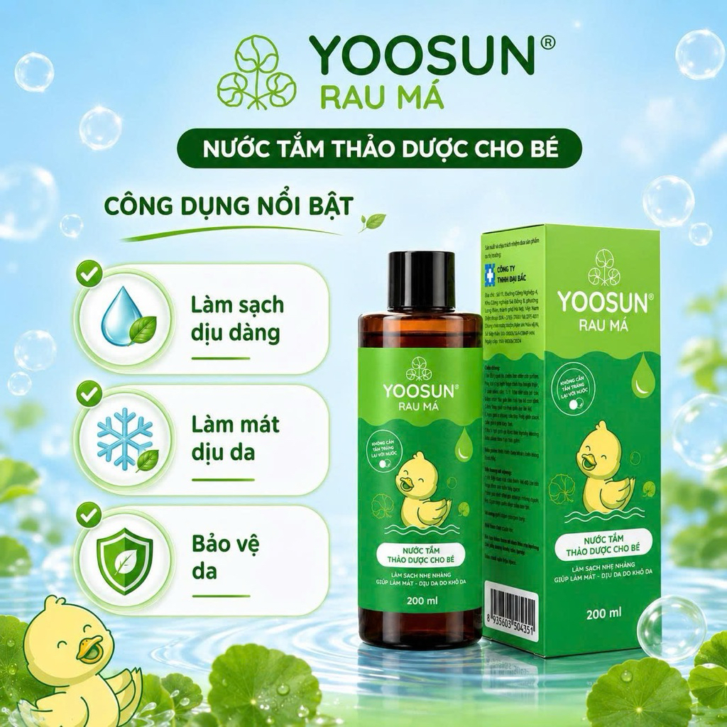 Nước Tắm Gội Thảo Dược Yoosun Rau Má - Làm Sạch Dịu Nhẹ, Hỗ Trợ Chăm Sóc Da, Ngừa Rôm Sẩy, An Toàn Cho Bé