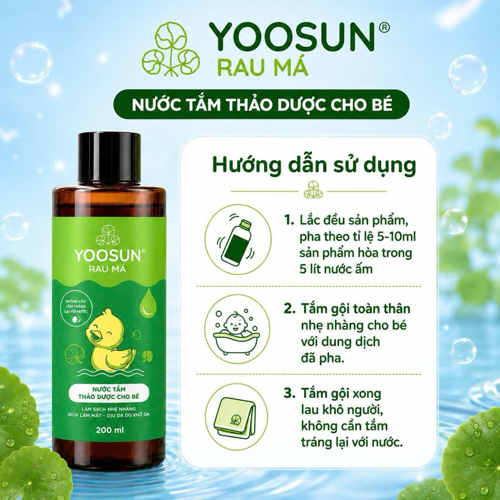 Nước Tắm Gội Thảo Dược Yoosun Rau Má - Làm Sạch Dịu Nhẹ, Hỗ Trợ Chăm Sóc Da, Ngừa Rôm Sẩy, An Toàn Cho Bé