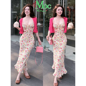 Set đi biển, Set thiết kế đầm chất Lụa hoa dáng dài có lót phối áo khoác chất Tăm Lạnh xinh xắn_QC