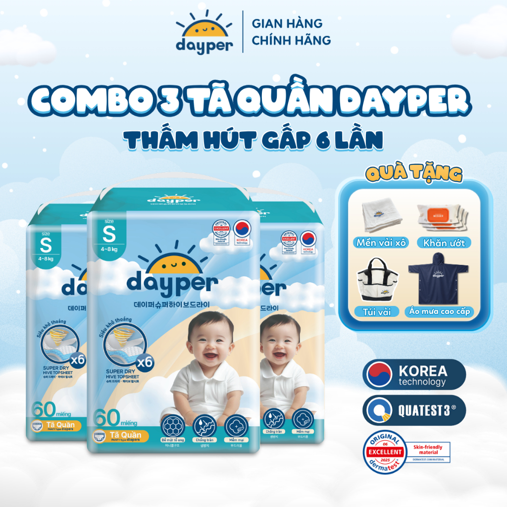 Combo 3 gói tã/bỉm quần Dayper S60/M58/L52/XL50/XXL46-Super Hive Dry thấm hút gấp 6 lần cho bé