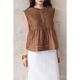 SWANLAKE | Áo Kiểu Nữ Sát Nách Dáng Babydoll Xếp Ly Cổ Tròn Chất Tơ Cotton Dạo Phố Hè A13863