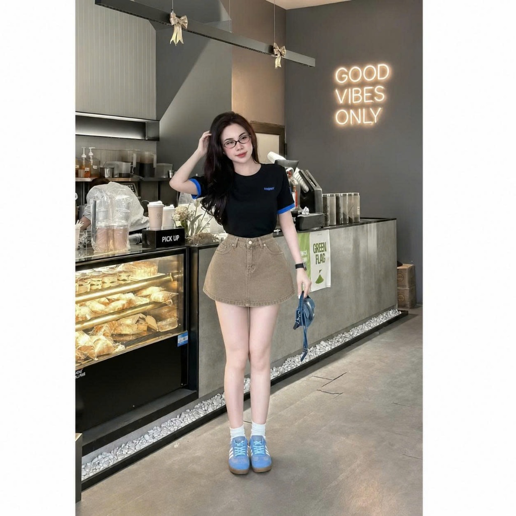 Chân Váy Jean Ngắn  (VẢI MỀM ĐẸP) tone Be Vintage Mix Đồ Xinh #8622 Chezi house - Nữ