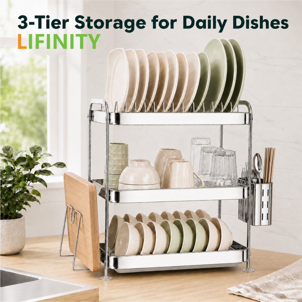 Lifinity Kệ để chén bát inox đa năng  2/3 tầng, khay hứng nước, sắp xếp gọn gàng