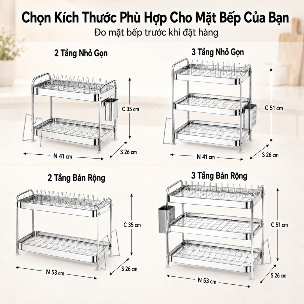 Lifinity Kệ để chén bát inox đa năng  2/3 tầng, khay hứng nước, sắp xếp gọn gàng