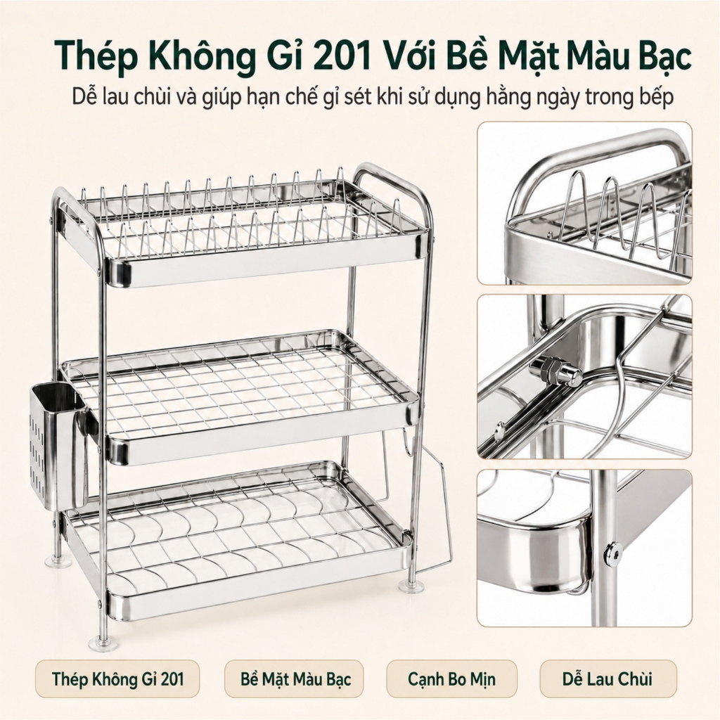Lifinity Kệ để chén bát inox đa năng  2/3 tầng, khay hứng nước, sắp xếp gọn gàng