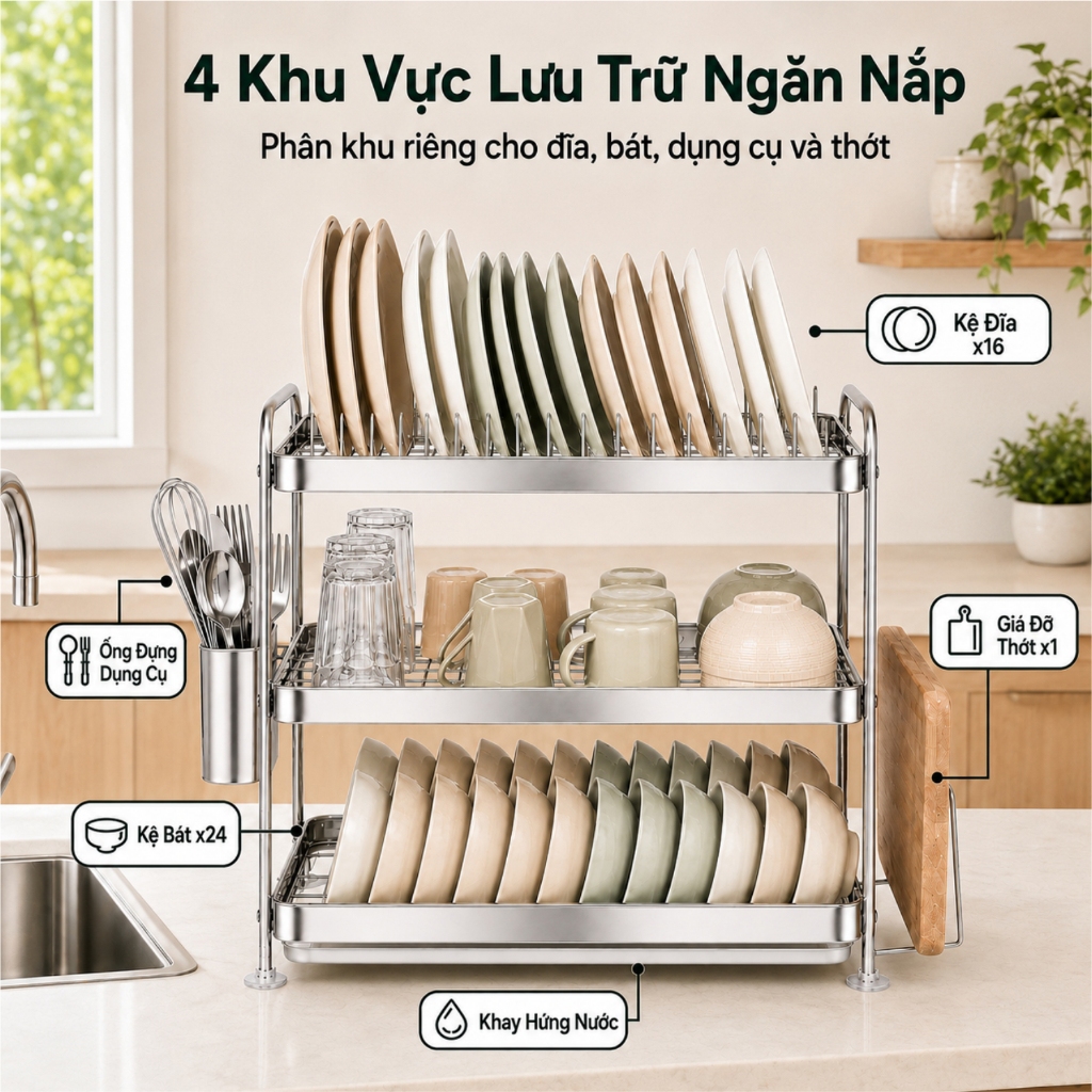 Lifinity Kệ để chén bát inox đa năng  2/3 tầng, khay hứng nước, sắp xếp gọn gàng