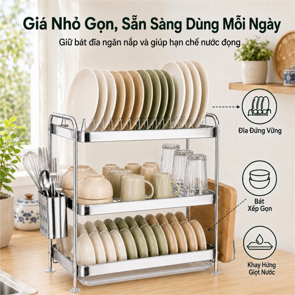 Lifinity Kệ để chén bát inox đa năng  2/3 tầng, khay hứng nước, sắp xếp gọn gàng