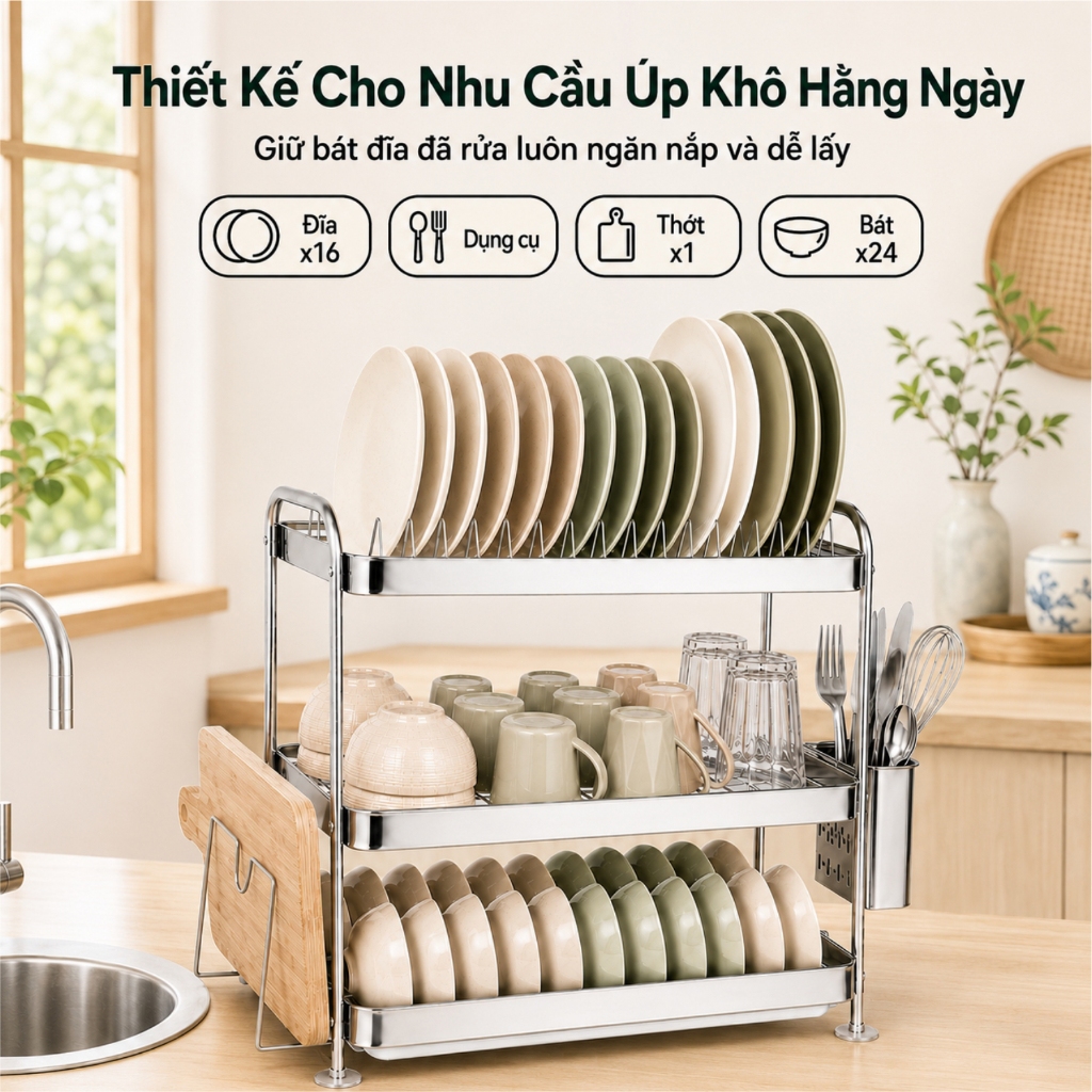 Lifinity Kệ để chén bát inox đa năng  2/3 tầng, khay hứng nước, sắp xếp gọn gàng