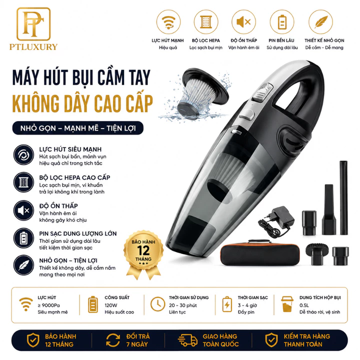 Máy Hút Bụi Cầm Tay Không Dây Sạc Pin Công Suất 120W Lực Hút Lớn 12000PA