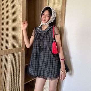 (KÈM QUẦN BẢO HỘ) Đầm kiểu nữ RINA dáng bí ngô phối tay voan kẻ caro HAVANA DA293