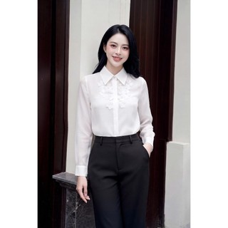 Áo Sơ Mi Nữ 𝐂𝐂𝐇𝐀𝐓 Dáng Suông Kiểu Lazer Caterina Đính Hoa Trang Trí Chất Liệu Voan Mềm Mại 16FDV9117ST