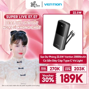 Sạc Dự Phòng 22.5W Vention 20000mAh, Tích Hợp Cáp Type-C & Light, LED Hiển Thị Pin Cho Điện Thoại