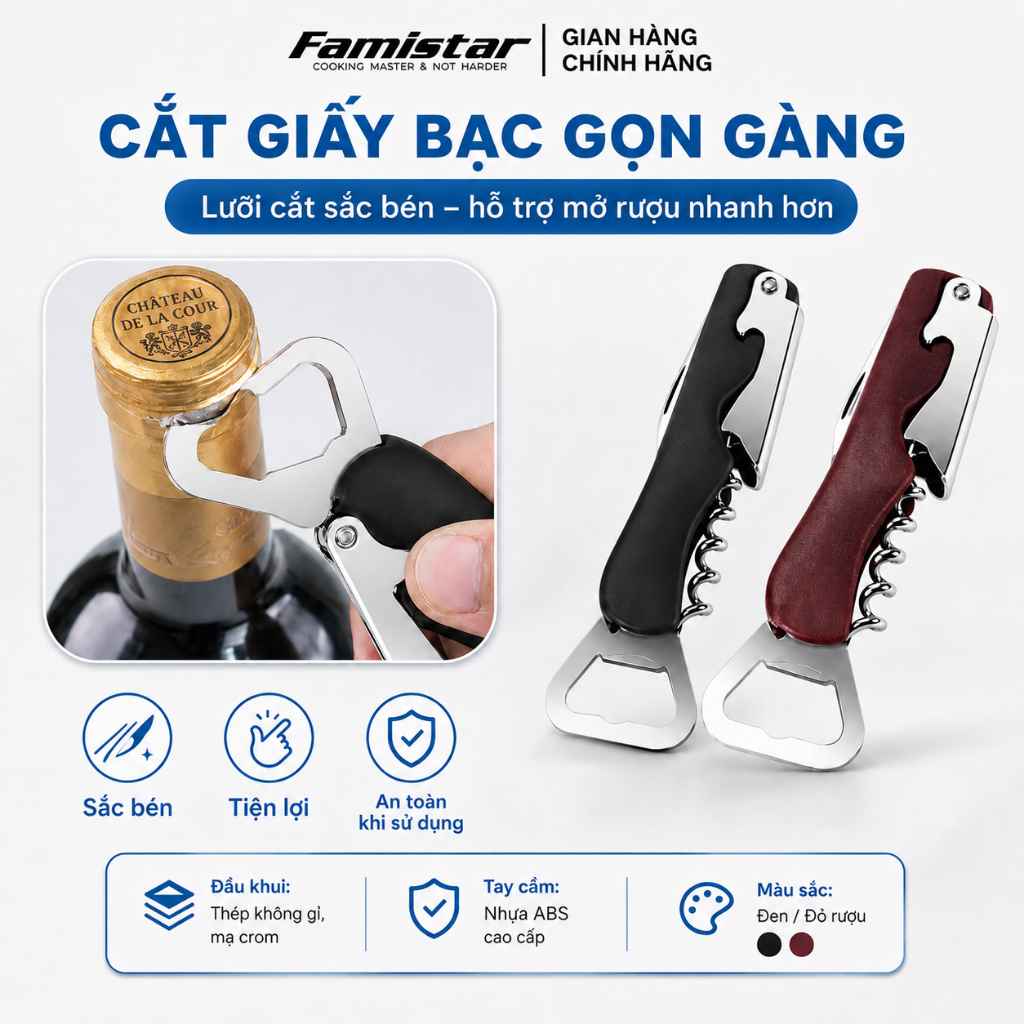 Dụng Cụ Khui Rượu Bia Đa Năng 4in1 – Khui Nắp Chai, Mở Rượu Vang, Cắt Giấy Bạc, Tiện Lợi Chống Trượt Famistar